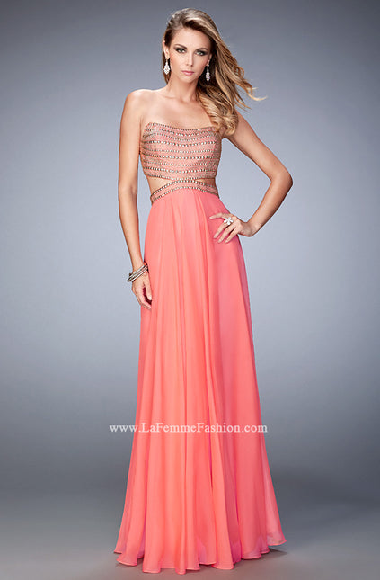 Picture of: Chiffon Prom Dress with Cut Outs and Gold Stud Detail in Orange, Style: 22285, Main Picture