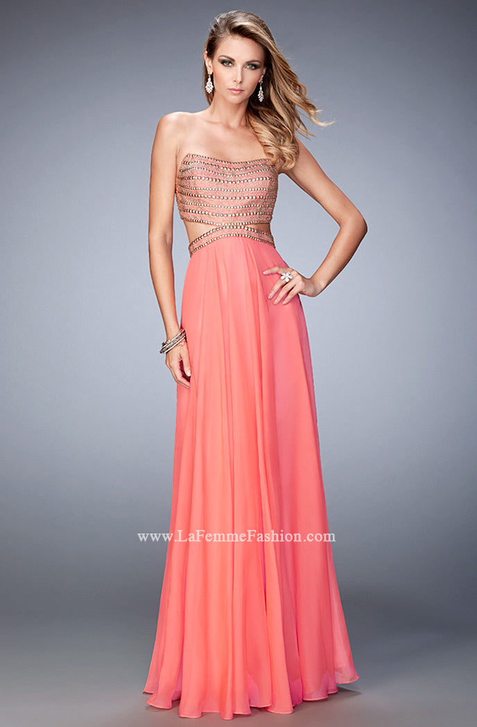 Picture of: Chiffon Prom Dress with Cut Outs and Gold Stud Detail in Orange, Style: 22285, Main Picture
