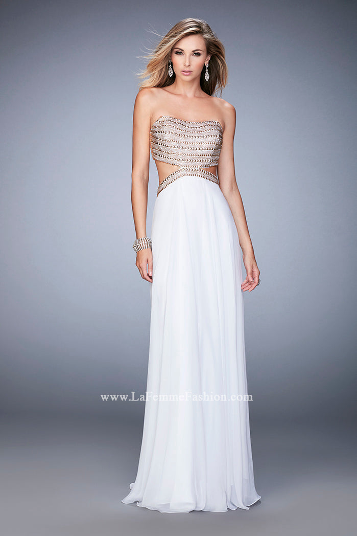 Picture of: Chiffon Prom Dress with Cut Outs and Gold Stud Detail in White, Style: 22285, Detail Picture 2