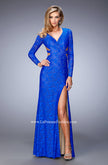 Picture of: Long Full Lace Prom Gown with V Neckline and Side Slit in Blue, Style: 22289, Back Picture
