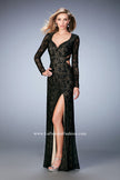 Picture of: Long Full Lace Prom Gown with V Neckline and Side Slit in Red, Style: 22289, Detail Picture 2