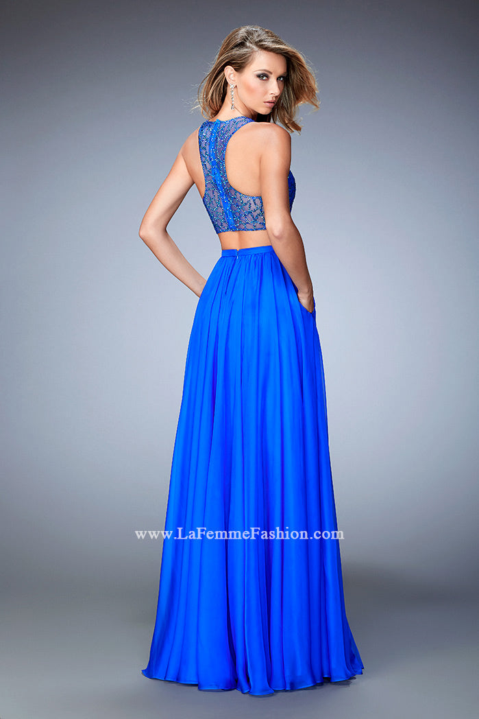 Picture of: Two Piece Chiffon Gown with Illusion Neckline and Pockets in Blue, Style: 22308, Back Picture