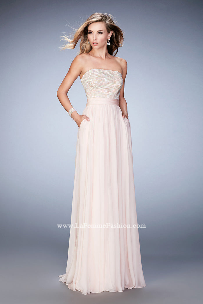 Picture of: Long Prom Dress with Crystals, Pearls, and Pockets in Pink, Style: 22318, Detail Picture 1