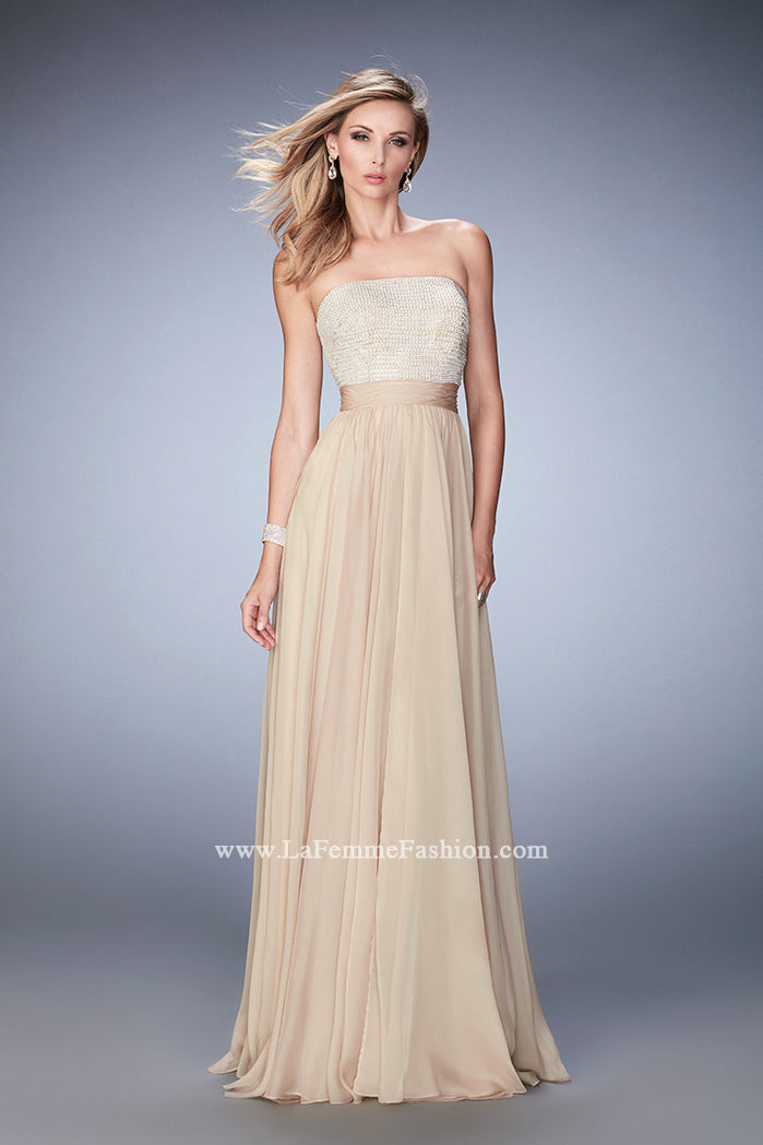 Picture of: Long Prom Dress with Crystals, Pearls, and Pockets in Nude, Style: 22318, Detail Picture 2