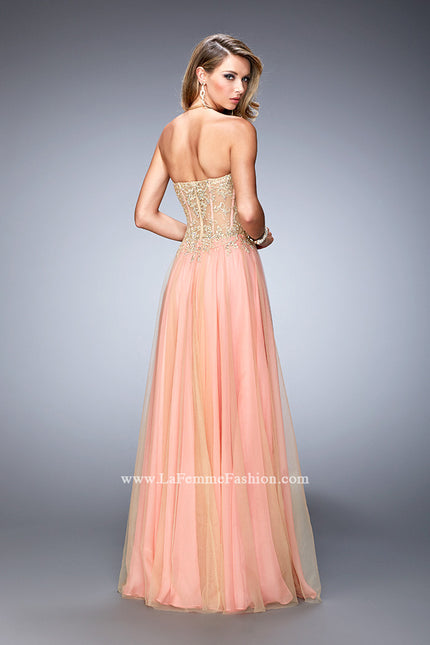 Picture of: Elegant Gown with Gold Sequin Lace and Sheer Detail in Orange, Style: 22331, Back Picture