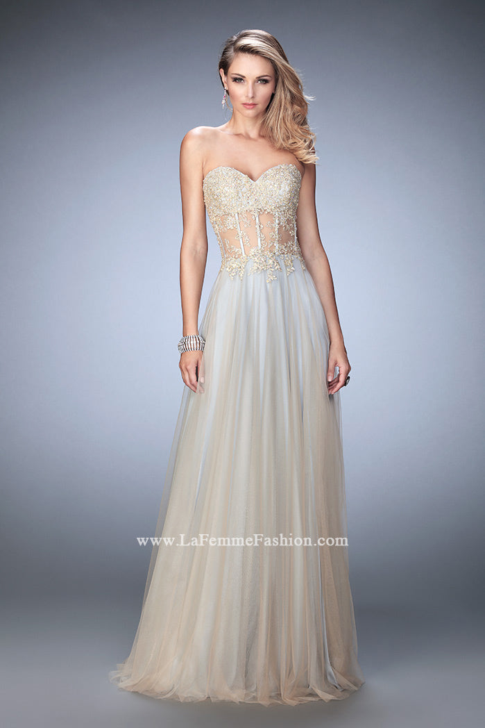 Picture of: Elegant Gown with Gold Sequin Lace and Sheer Detail in Nude, Style: 22331, Detail Picture 1