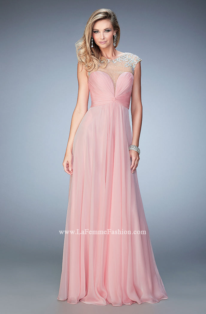 Picture of: Long Chiffon Prom Dress with Gathered Bodice and Skirt in Pink, Style: 22338, Detail Picture 1