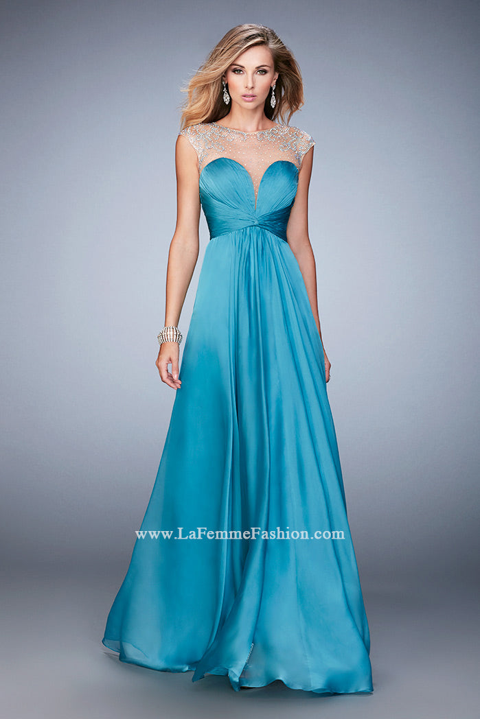 Picture of: Long Chiffon Prom Dress with Gathered Bodice and Skirt in Blue, Style: 22338, Detail Picture 2