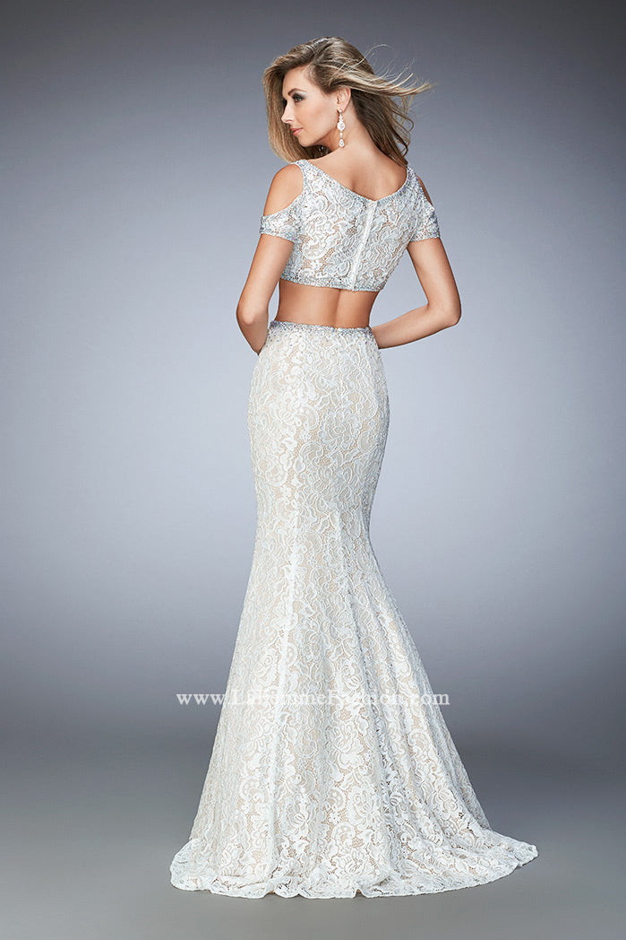 Picture of: Cold Shoulder Two Piece Prom Dress with Mermaid Skirt in White, Style: 22339, Back Picture