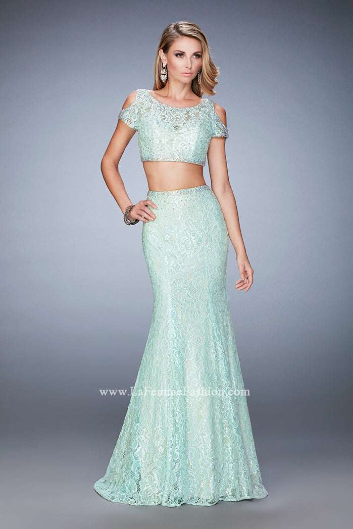 Picture of: Cold Shoulder Two Piece Prom Dress with Mermaid Skirt in Green, Style: 22339, Detail Picture 2