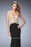 Picture of: Illusion Neckline Prom Dress with Gold Lace Detail in Black, Style: 22349, Main Picture