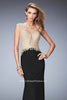 Picture of: Illusion Neckline Prom Dress with Gold Lace Detail in Black, Style: 22349, Main Picture