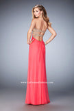 Picture of: Open Back Chiffon Prom Dress with Gold Stud Pattern in Pink, Style: 22359, Back Picture