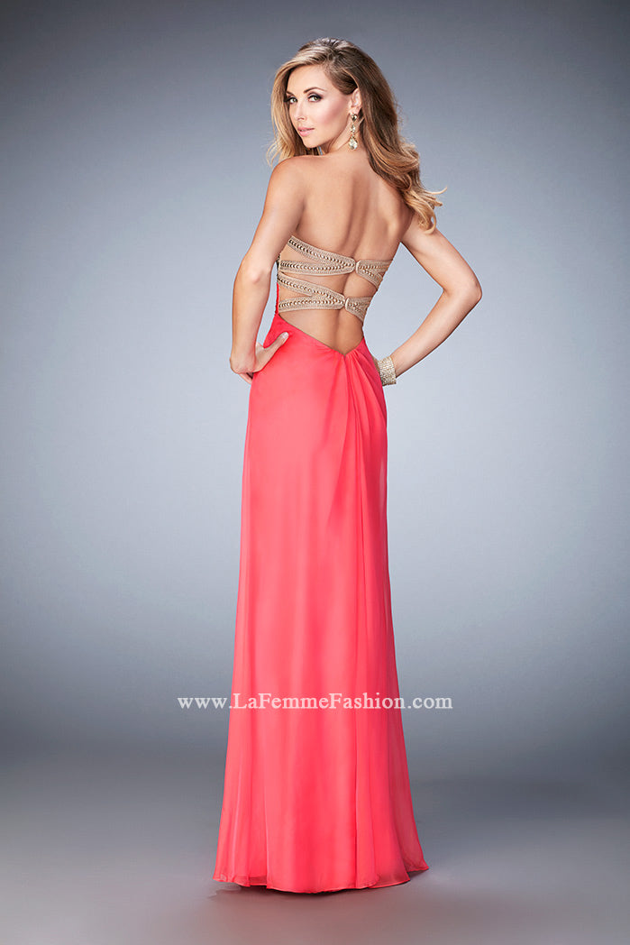 Picture of: Open Back Chiffon Prom Dress with Gold Stud Pattern in Pink, Style: 22359, Back Picture