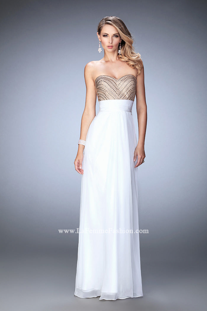 Picture of: Open Back Chiffon Prom Dress with Gold Stud Pattern in White, Style: 22359, Detail Picture 1