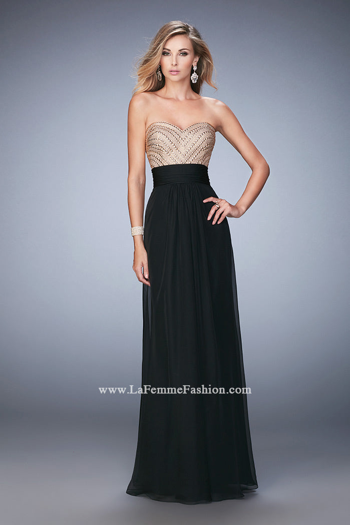Picture of: Open Back Chiffon Prom Dress with Gold Stud Pattern in Black, Style: 22359, Detail Picture 3