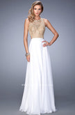 Picture of: Gold Lace Embellished High Neckline Prom Dress in White, Style: 22372, Main Picture