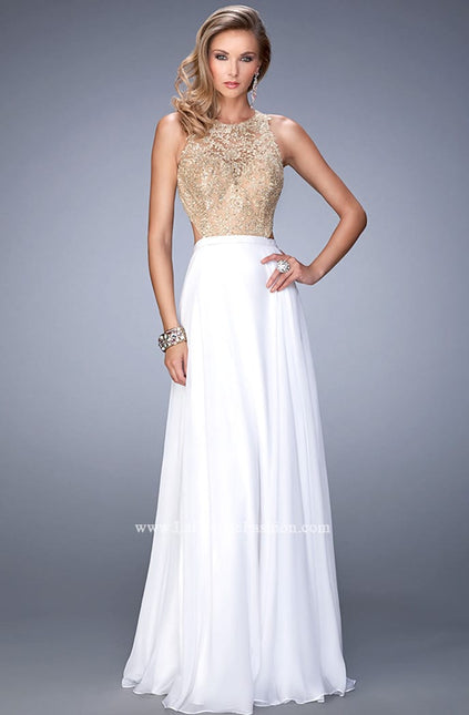 Picture of: Gold Lace Embellished High Neckline Prom Dress in White, Style: 22372, Main Picture