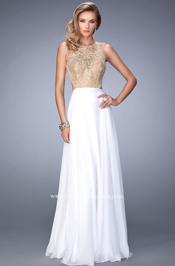 Picture of: Gold Lace Embellished High Neckline Prom Dress in White, Style: 22372, Main Picture