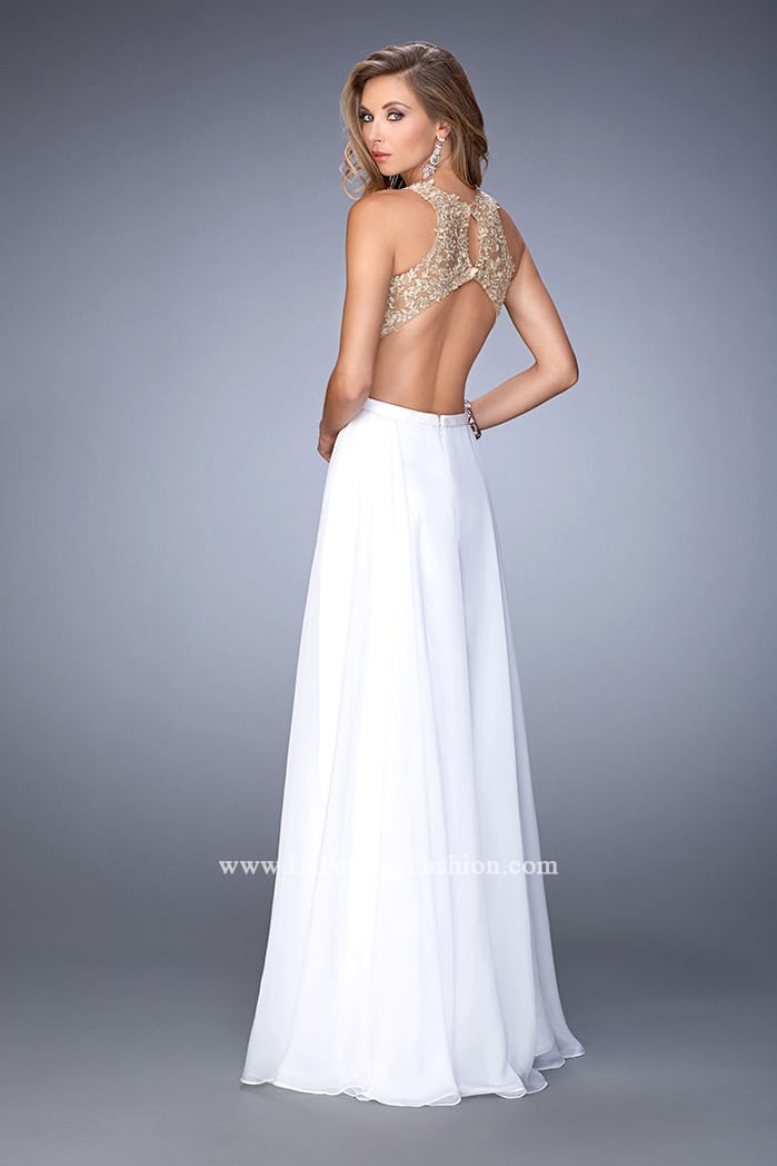 Picture of: Gold Lace Embellished High Neckline Prom Dress in White, Style: 22372, Back Picture