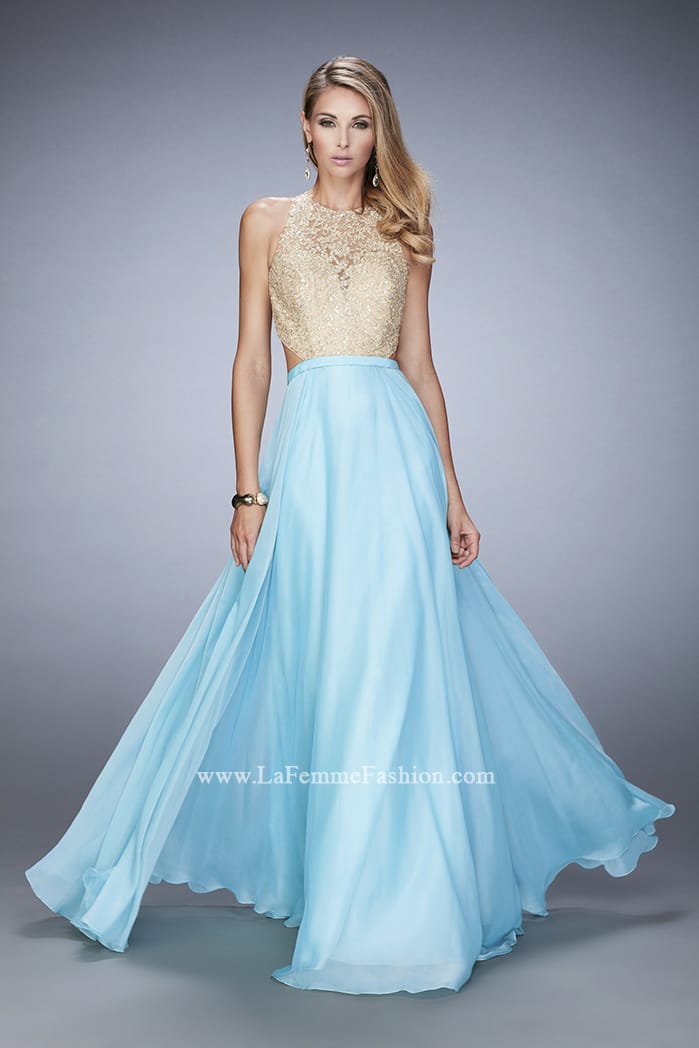 Picture of: Gold Lace Embellished High Neckline Prom Dress in Blue, Style: 22372, Detail Picture 1