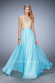 Picture of: Gold Lace Embellished High Neckline Prom Dress in Blue, Style: 22372, Detail Picture 1