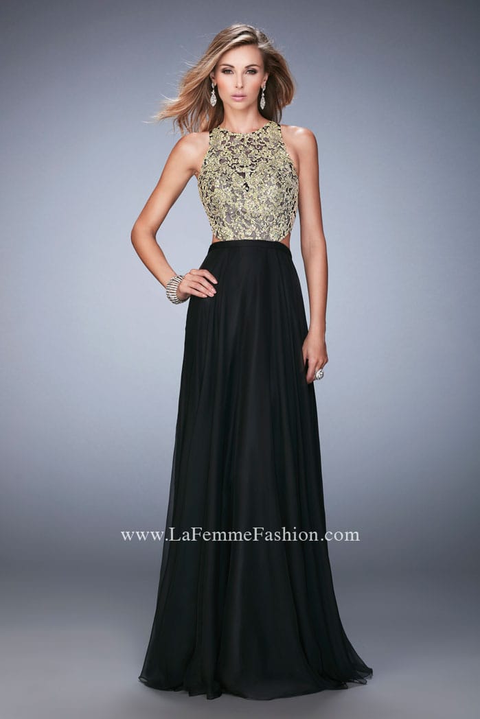 Picture of: Gold Lace Embellished High Neckline Prom Dress in Black, Style: 22372, Detail Picture 2