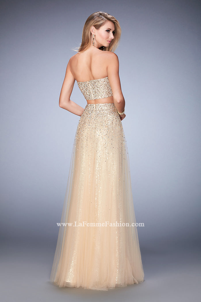 Picture of: Two Piece Tulle Gown with Rhinestone Bandeau Top in Nude, Style: 22379, Back Picture