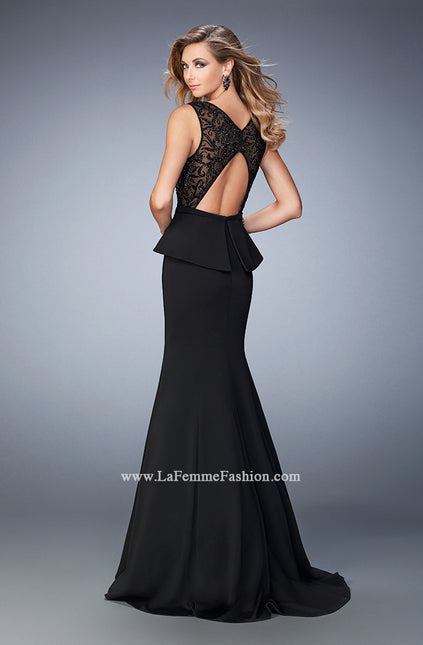 Picture of: Peplum Style Jersey Dress with Rhinestone Embellishments in Black, Style: 22383, Back Picture