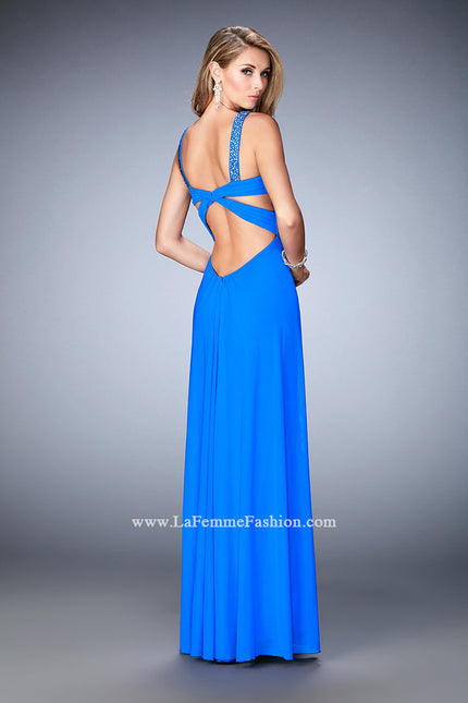 Picture of: Crystal Embellished Gown with Center Slit and Open Back in Blue, Style: 22385, Back Picture