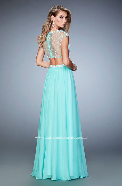 Picture of: Two Piece Illusion Neckline Dress with Pearls and Crystals in Blue, Style: 22387, Back Picture