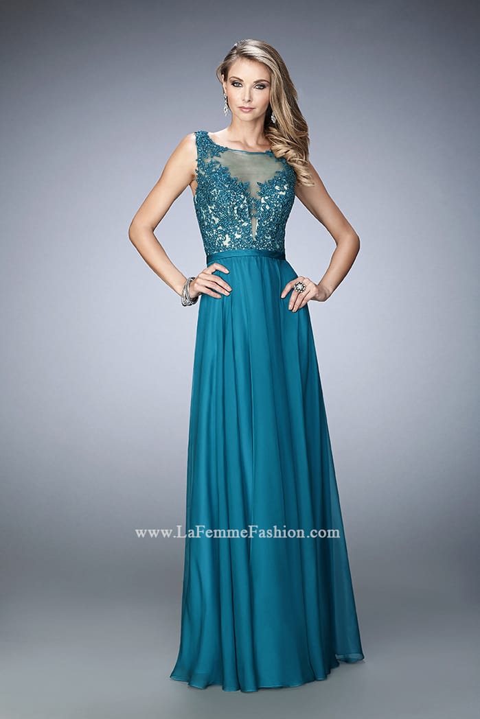 Picture of: Sheer Illusion Neckline Prom Dress with Back X Straps in Green, Style: 22407, Detail Picture 1