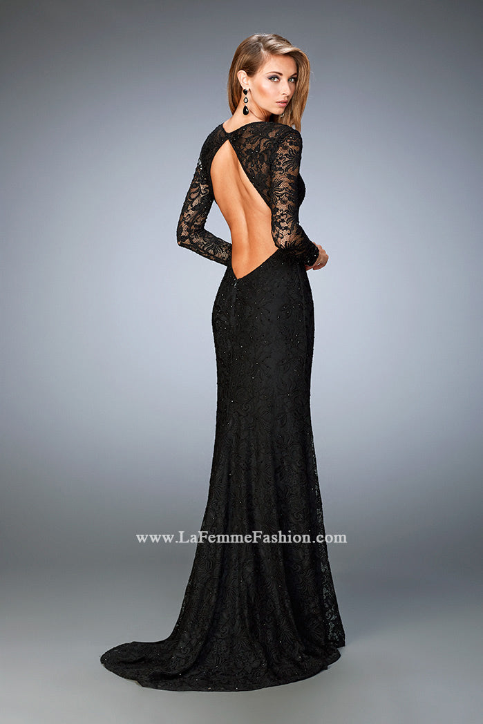 Picture of: Full Lace Prom Dress with Beaded Cuffs and Open Back in Black, Style: 22409, Main Picture