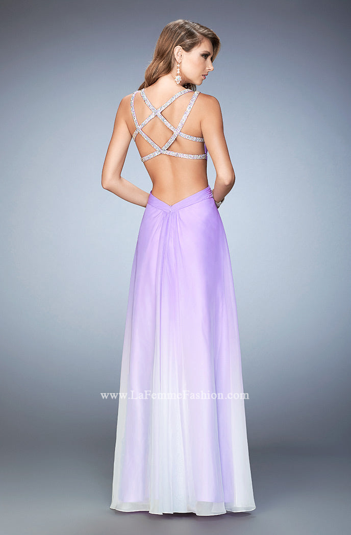 Picture of: Long Ombre Chiffon Prom Dress with Beaded Strappy Back in Purple, Style: 22416, Back Picture