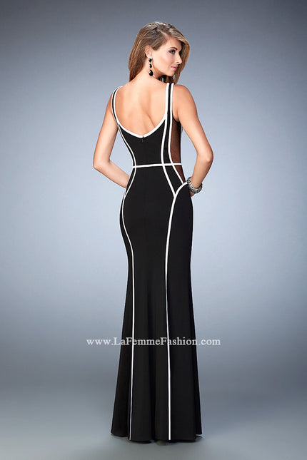 Picture of: Long Jersey Prom Dress with Piping and Sheer Sides in Black, Style: 22419, Back Picture