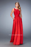 Picture of: Lace Top Taffeta Gown with Open Back and Pockets in Red, Style: 22446, Main Picture