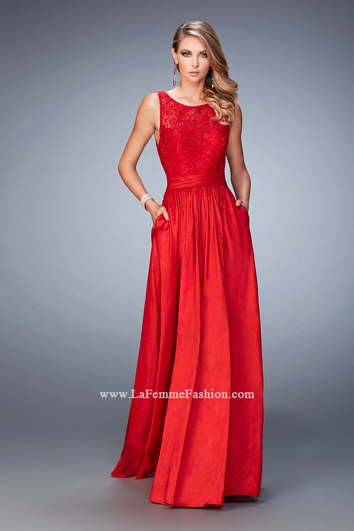 Picture of: Lace Top Taffeta Gown with Open Back and Pockets in Red, Style: 22446, Main Picture