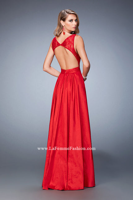 Picture of: Lace Top Taffeta Gown with Open Back and Pockets in Red, Style: 22446, Back Picture
