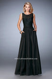 Picture of: Lace Top Taffeta Gown with Open Back and Pockets in Black, Style: 22446, Detail Picture 1
