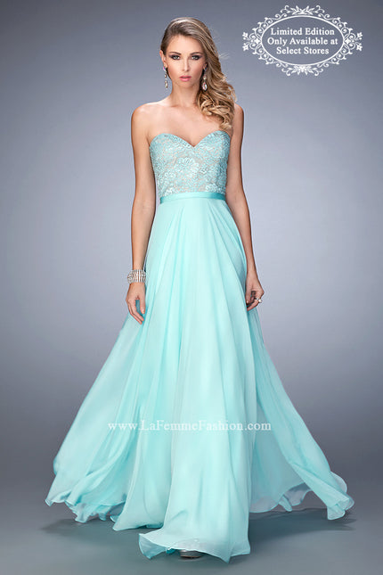 Picture of: Chiffon Prom Dress with Rhinestone Lace Bodice in Blue, Style: 22448, Main Picture