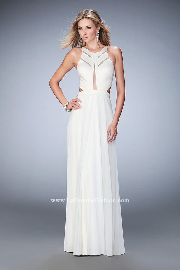 Picture of: Long Prom Dress with Geometric Cut Out Bodice in White, Style: 22450, Detail Picture 1