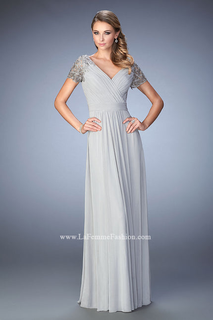 Picture of: Jersey Prom Dress with Lace Sleeves and Pleated Bodice in Silver, Style: 22474, Main Picture