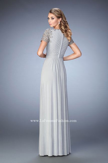 Picture of: Jersey Prom Dress with Lace Sleeves and Pleated Bodice in Silver, Style: 22474, Back Picture