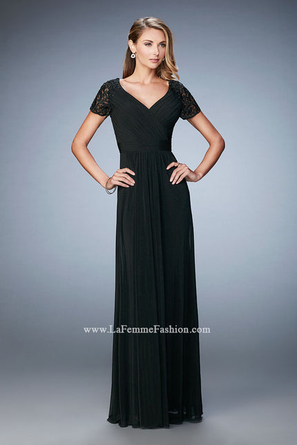 Picture of: Jersey Prom Dress with Lace Sleeves and Pleated Bodice in Black, Style: 22474, Detail Picture 1