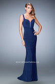 Picture of: Net Gown with Plunging Neckline and Ruched Skirt in Blue, Style: 22475, Detail Picture 1