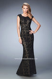 Picture of: Lace Prom gown with Open Back, Train, and Rhinestones in Black, Style: 22479, Main Picture