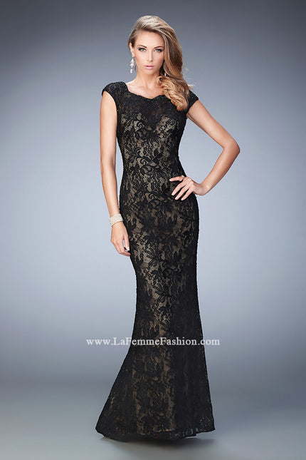 Picture of: Lace Prom gown with Open Back, Train, and Rhinestones in Black, Style: 22479, Main Picture