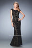 Picture of: Lace Prom gown with Open Back, Train, and Rhinestones in Black, Style: 22479, Main Picture