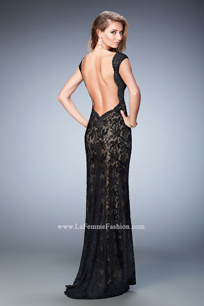 Picture of: Lace Prom gown with Open Back, Train, and Rhinestones in Black, Style: 22479, Back Picture