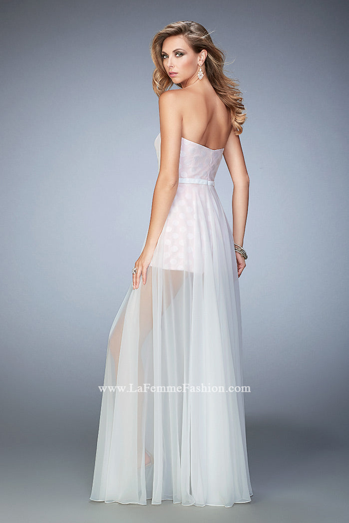 Picture of: Polka Dot Jumper with Long Chiffon Overskirt and Bow in White, Style: 22484, Back Picture
